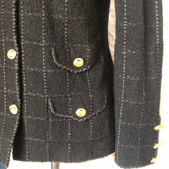 Vtg Military Academia Window Pane Textured Knit Black Gold Knit Blazer - Picture 13 of 16